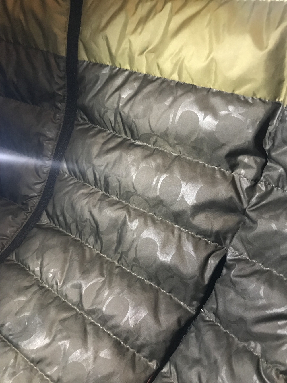 Coach(brand) Quilted Puffer Jacket with Monogram Detail - Olive & Charcoal